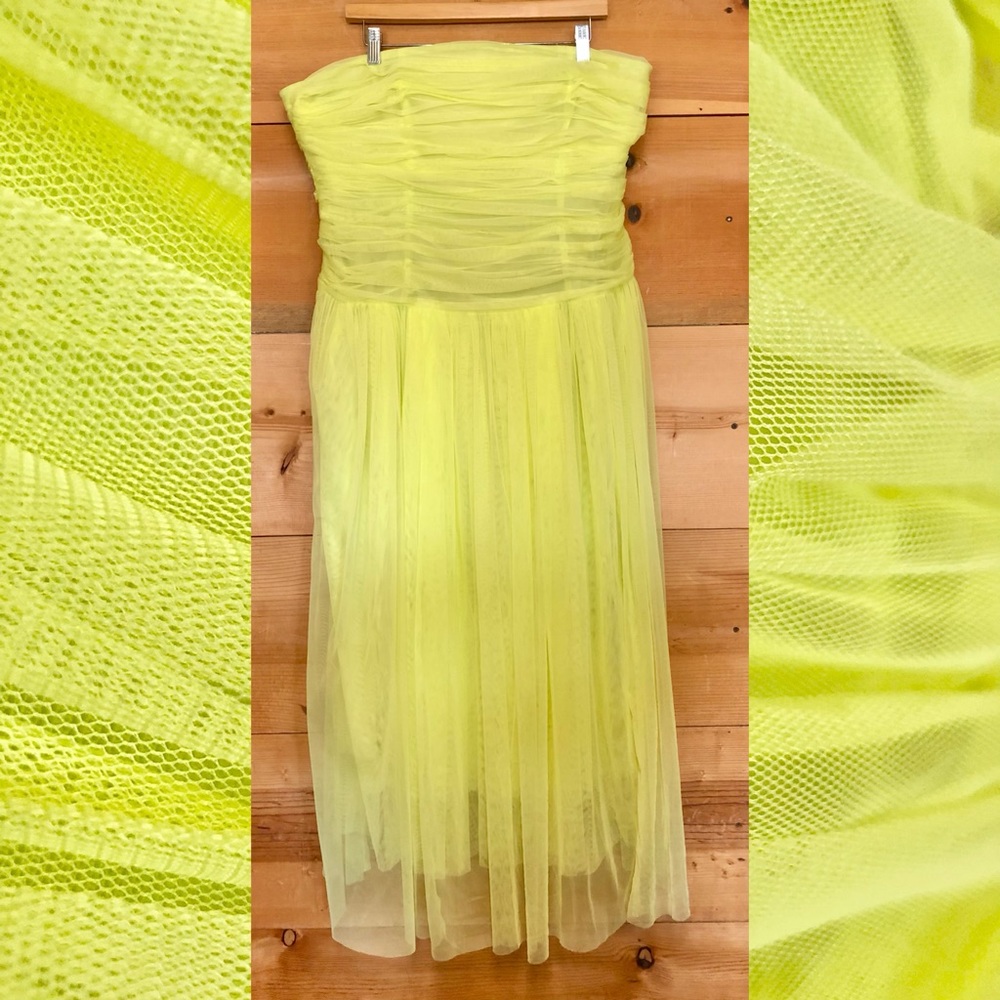 Yellow celery chiffon strapless midi maxi gown dress